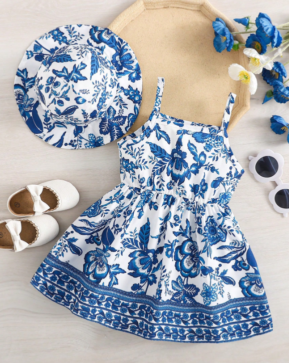 Set de 2 piezas de vestido y sombrero de niña