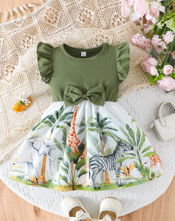 Vestido de niñas pequeñas con estampado de dinosaurio