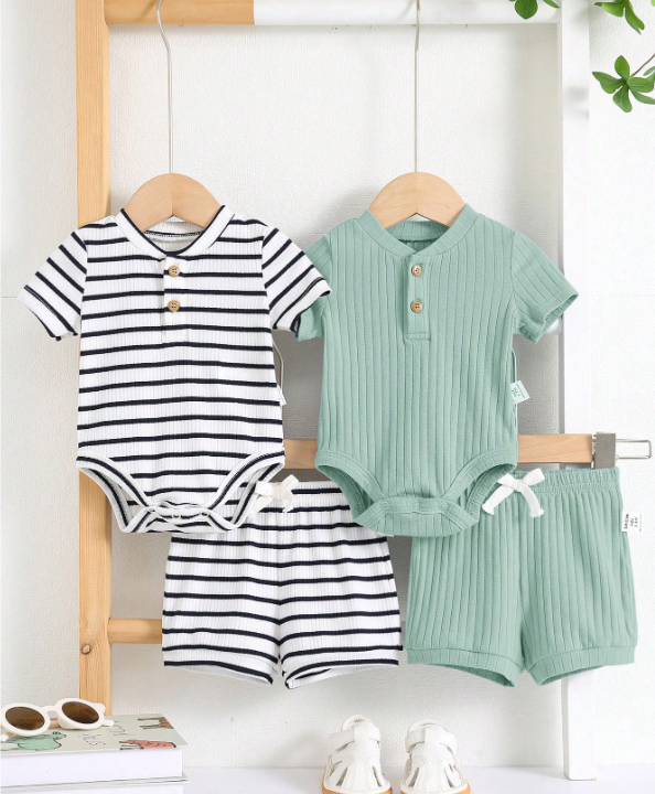 Set de 4 piezas de pelele de manga corta y pantalón corto para niño
